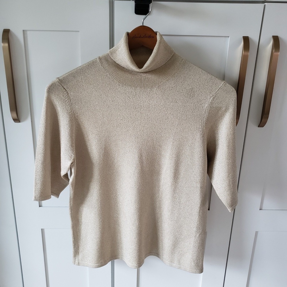 Brooks Brothers Metallic Turtleneck Sweater Womens M‎ Ivory Vintage Short Sleeve